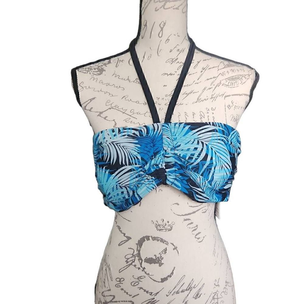 Time & Tru Ladies Size Large Blue Black Palm Print Halter Bikini Top